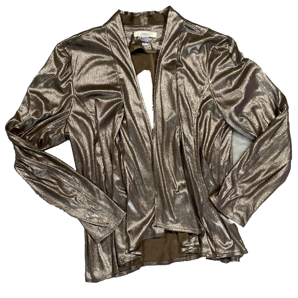 Chicos Sweater Women's Travelers Cardigan Gold Metallic Open Front Size 1